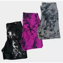 Kit 3 Shorts Meia Coxa Curto Roupa Fitness Feminino Academia Marmorizado Tie Dye Corrida Estampado