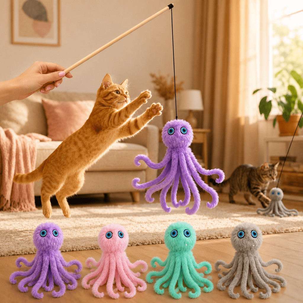 Brinquedos para Gatos Interativos Varinha com Pelúcia Polvo com Som Resistente Pet