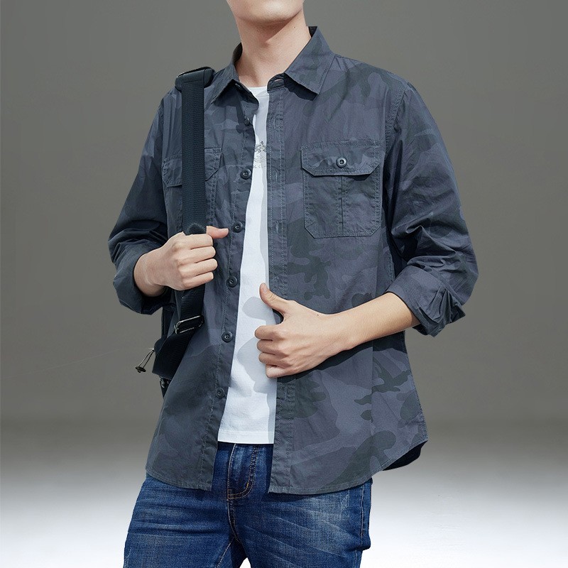 2025 primavera ao ar livre Multi-saco masculino de manga comprida puro algodão camuflagem camisa masculina moda Casual W