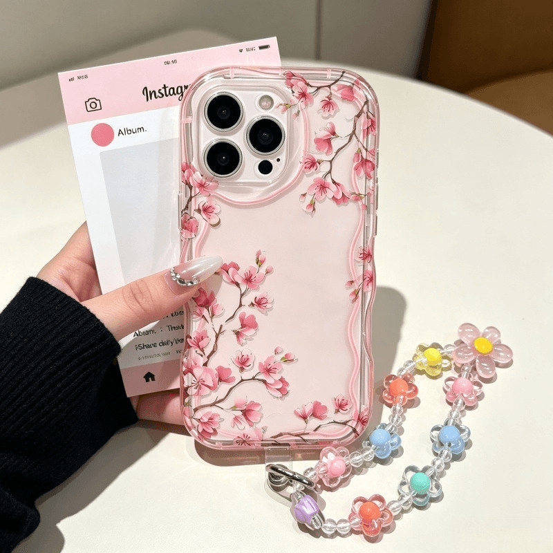 Capa Para Samsung Galaxy S26 Ultra S25 S24 Plus S26FE A17 A06 A07 A16 A56 M16 A36 A55 A15 Flor Rosa Peônia Pulseira Corr