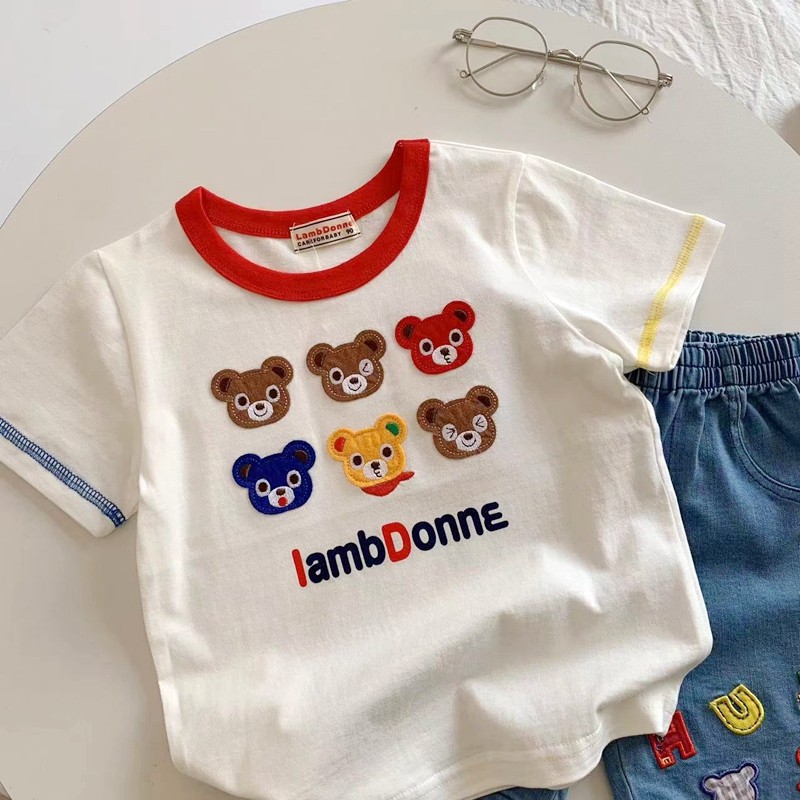 Crianças japonesas de manga curta camiseta verão novo estilo meninos meninas dos desenhos animados urso bordado puro alg