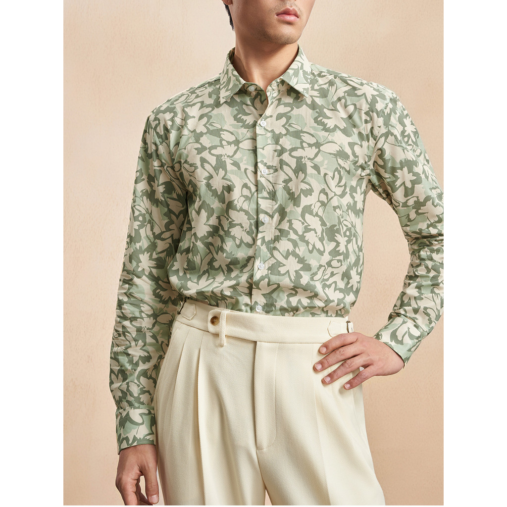 [Impressão de moda] Camisa Giyo Meng Flower masculina manga comprida Casual temperamento retrô fácil de cuidar