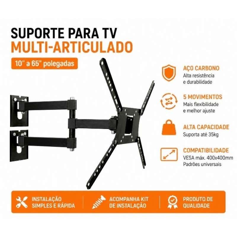 Suporte TV Reforçado 32 40 50 55 65 Polegadas Inclinável Articulado