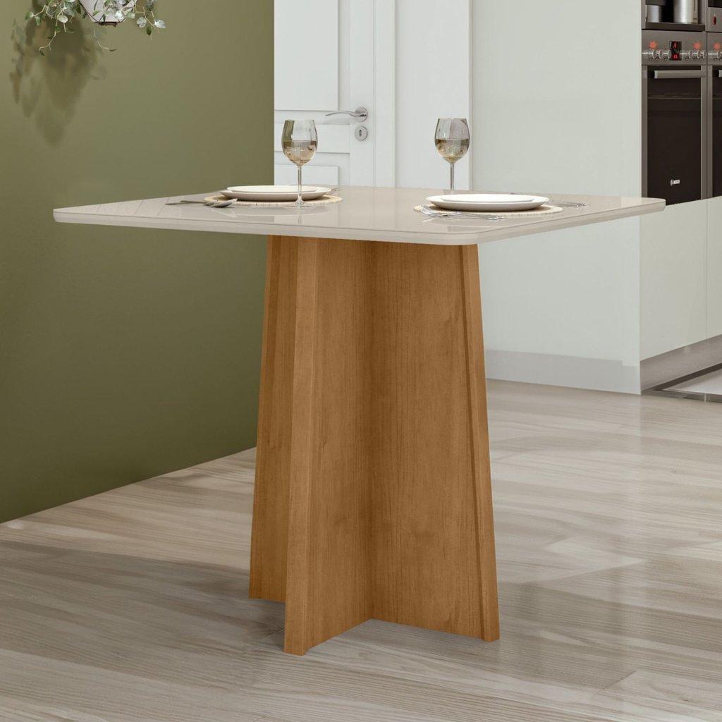 Mesa de Jantar 4 Lugares Tampo de Vidro e MDF 90x90cm Celebrare Marrom Amêndoa Clean/Off White Amêndoa Clean/Off White