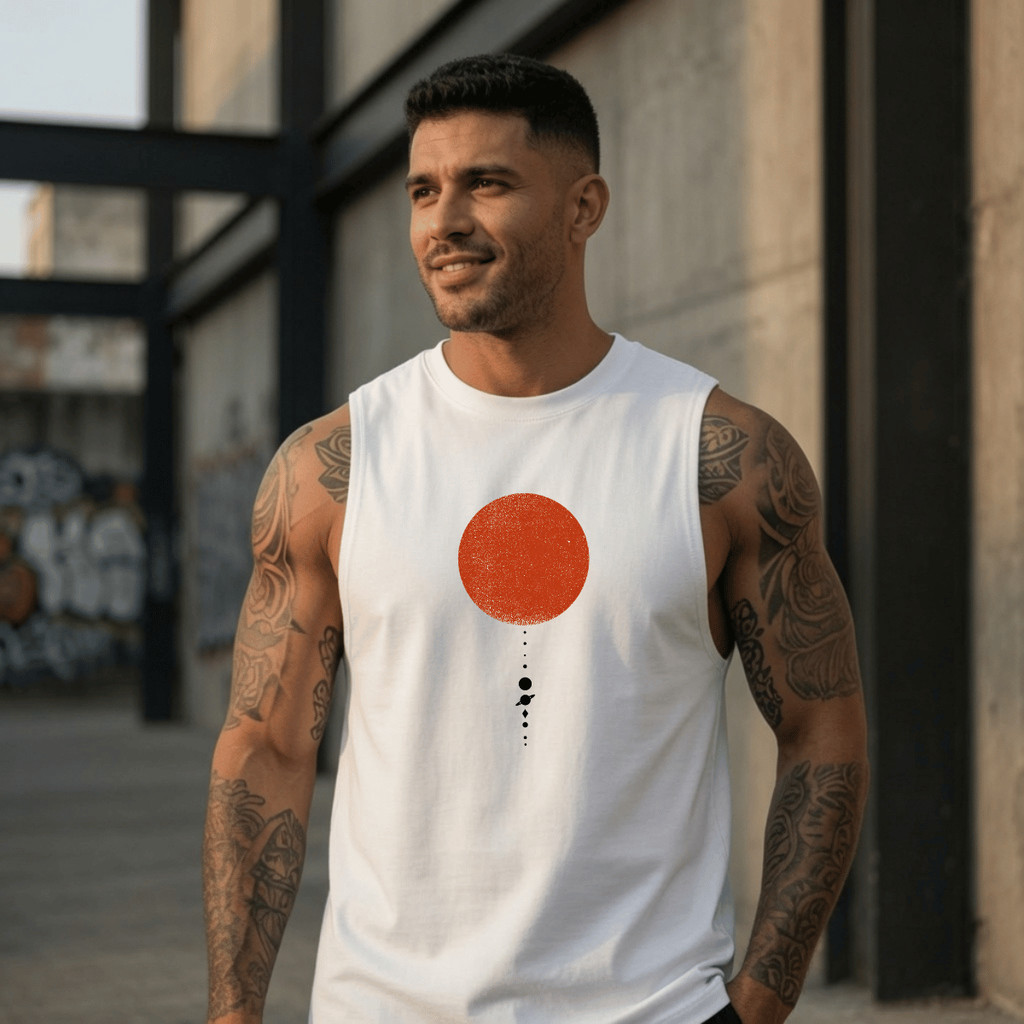 Regata Masculina Estampada Lua Vermelha 100% Algodão Academia Premium Treino Casual Streetwear Verão Camiseta Cavada