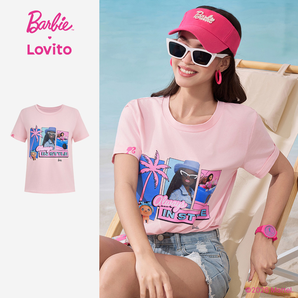 Barbie™ X Lovito Camiseta Casual Algodão Rosa Para Mulheres Ideal Para a Primave