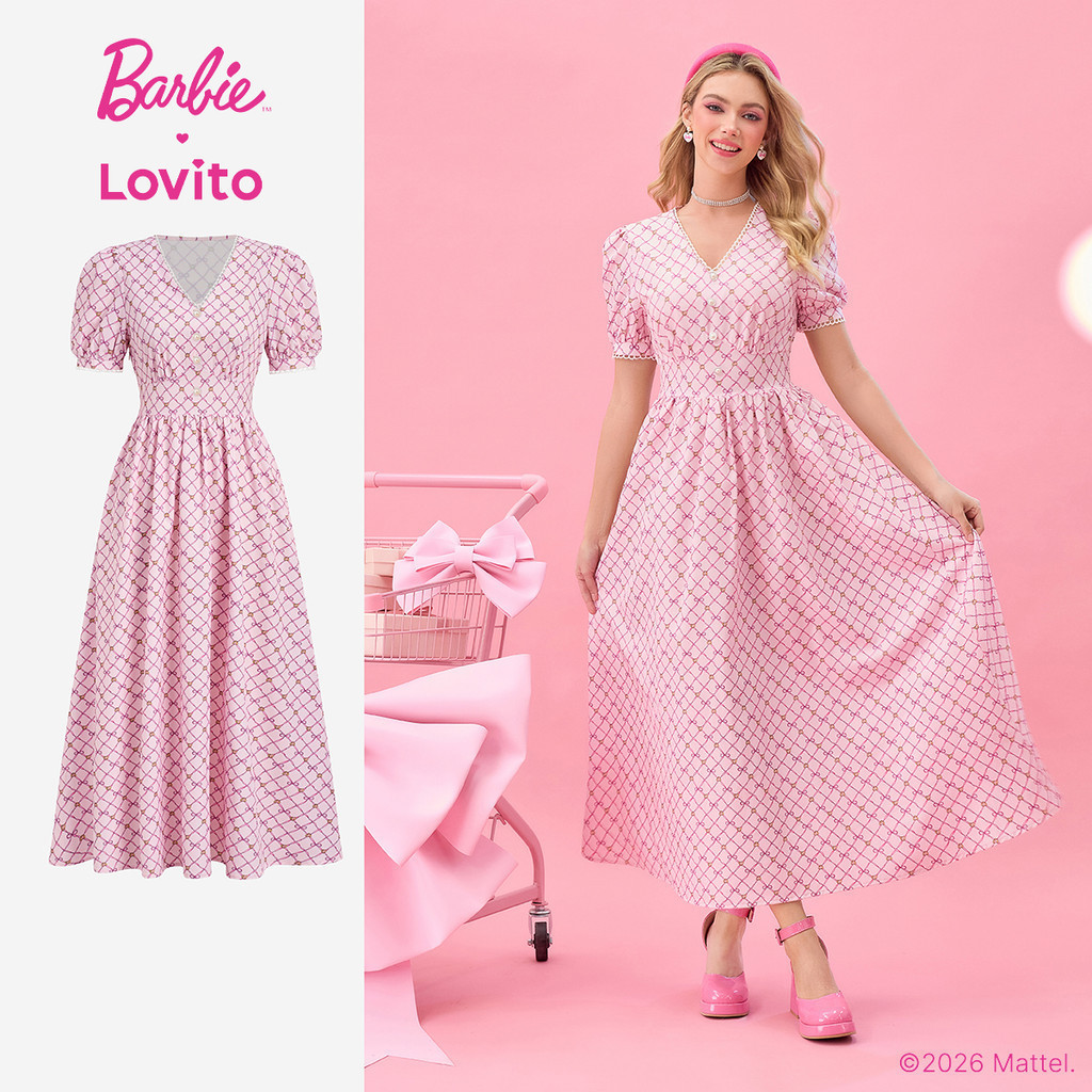 Barbie™ X Lovito Nacional Vestido Feminino Casual Babados Gola e Bainha Primavera/Verão DRBL2PAD026