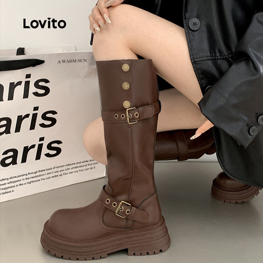 Lovito Botas Casuais Coreanas De Plataforma Retrô Para Todas As Estações Pretas 