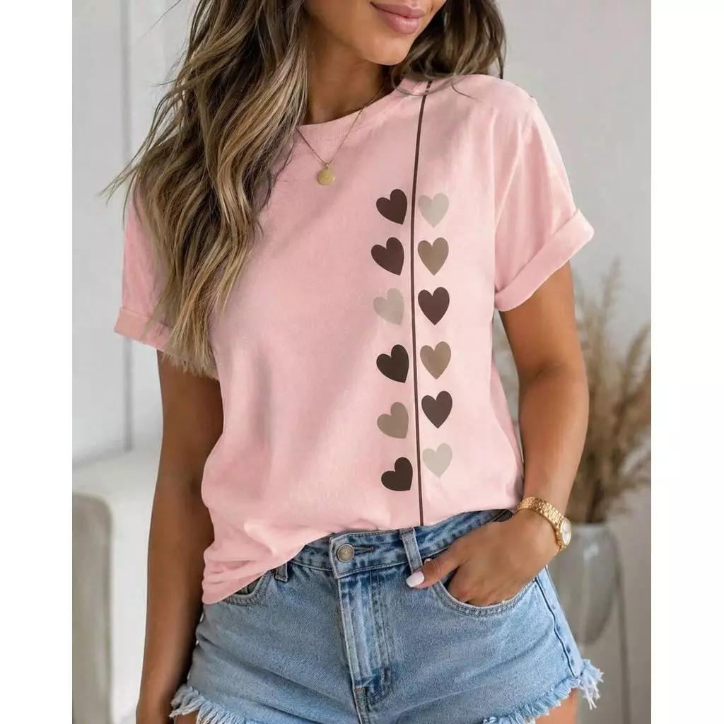 Camiseta Feminina Tshirt Blusa Camisa 100% Algodão Corações Malha Premium