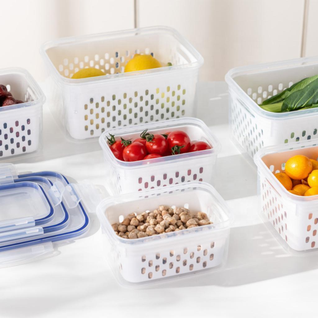 Kit 3 Potes Organizadores Herméticos com Cesto Drenagem Frutas Legumes Geladeira Sem BPA