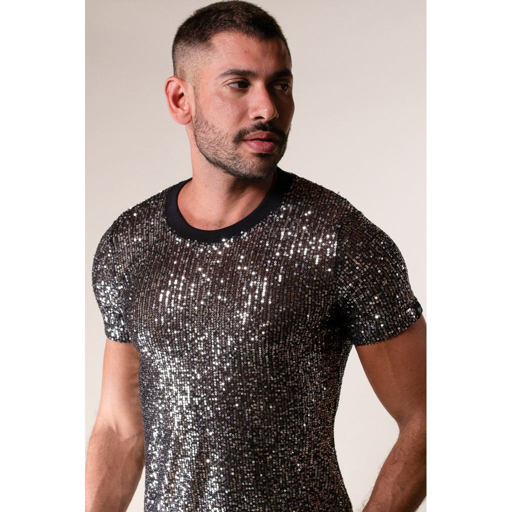 Camiseta Masculina JotaVê em Paetê Moda Casual Confortável Estilo Verão Brilho