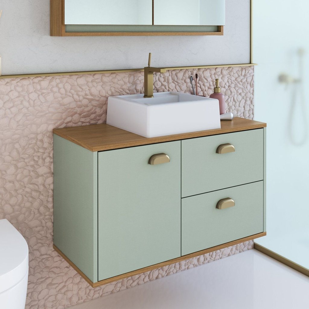 Gabinete de Banheiro 100% MDF 1 Porta e 2 Gavetas com Cuba Lívia 80cm Yescasa Verde/Freijó/Moscatel Freijó/Moscatel