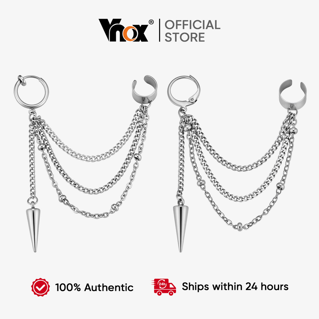 Brincos De Argola Com Corrente Gótica De 3 Camadas Vnox Prata Aço Inoxidável Sem Piercing Clipe De Orelha Unissex