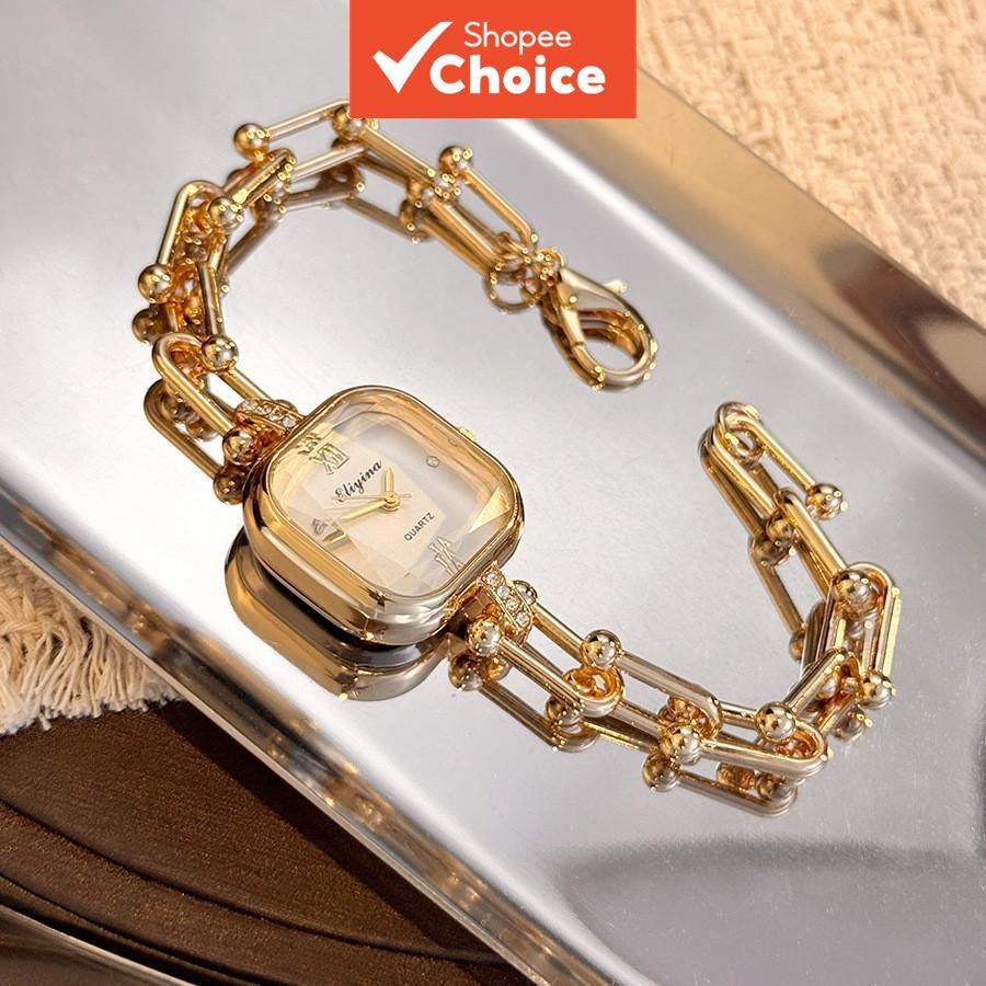 Relógio Feminino Elegante Quadrado Quartzo Pulseira de Aço Inoxidável Dourada Relógios de Pulso para Senhoras Relógio