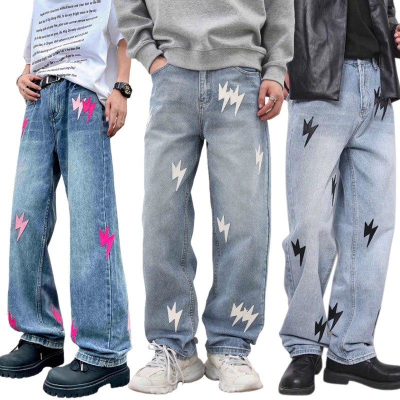 Jeans bordados masculinos relâmpago bordado jeans masculino em linha reta moda All-Match calças casuais roupas masculina