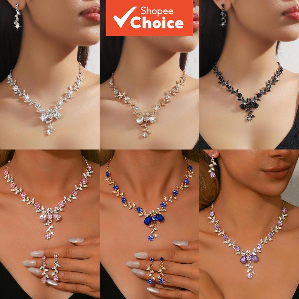 Elegante Flor Strass Colar Brincos Conjunto Para Mulheres Com Liga Nupcial Festa Jóias Acessórios