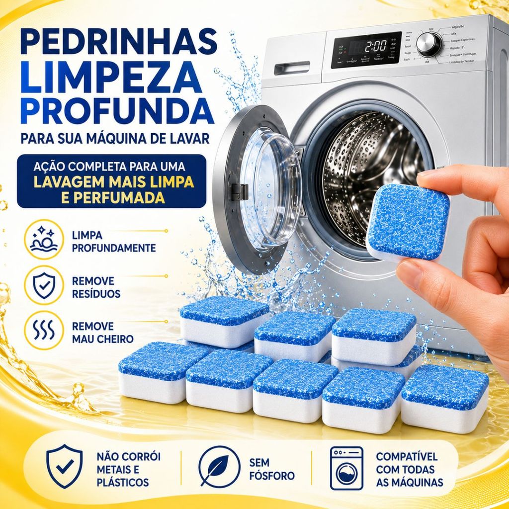 Kit Pastilhas Efervescentes Limpa Máquina de Lavar Roupa Remove Mau Cheiro e Resíduos Higienizador Multifuncional