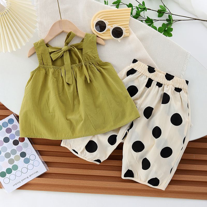 Roupas de verão para meninas ternos casuais versão coreana moda meninas coletes de bebê bolinhas Bloomers moda fina te