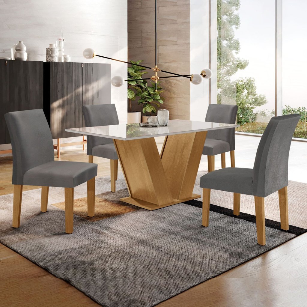 Conjunto Sala de Jantar Mesa 120x80cm Tampo MDF/Vidro com 4 Cadeiras Espanha Yescasa Ypê/Off White/Suede Cinza