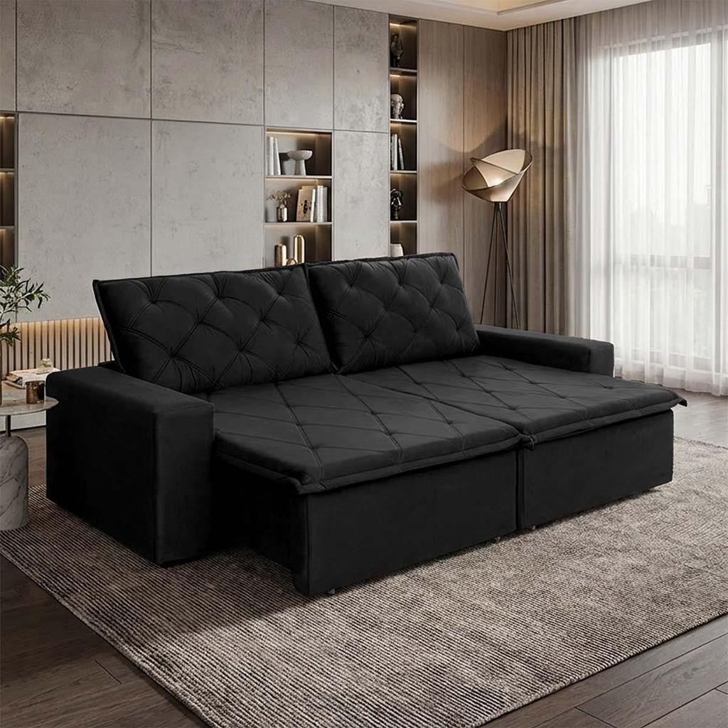 Sofá Cama Bangkok Sem Caixa 2,10m Retrátil e Reclinável Com Molas Velut Preto- King House