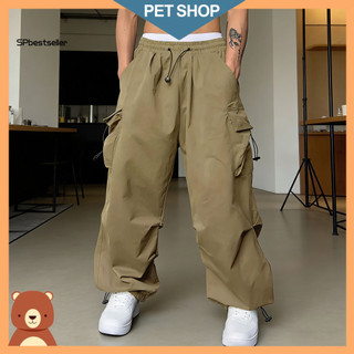 Men Baggy Cargo Pants Parachute Men's Jogger Solid Color Loose Fit Trousers with Side Pockets for Streetwear Outdoor Spo