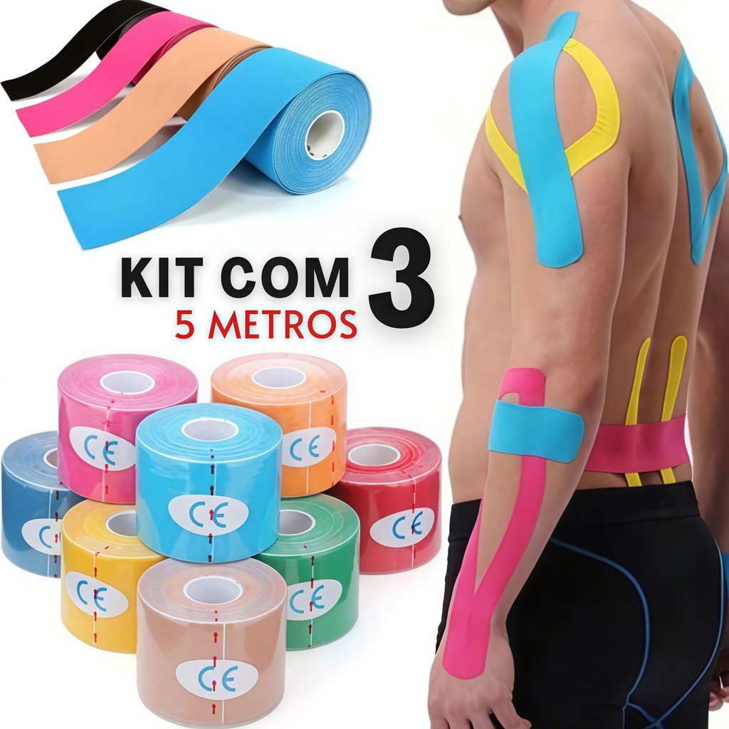 Fita Kinesio 5cmx5m para Atletas, Alivia Dores e Lesões, Acelera a Recuperação Muscular Pós-Treino.