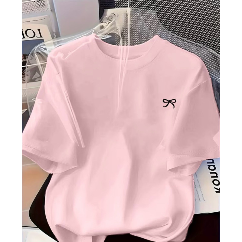Camisa Camiseta Feminina Estilosa Confortável Laço delicado Gola Redondas 100% Algodão
