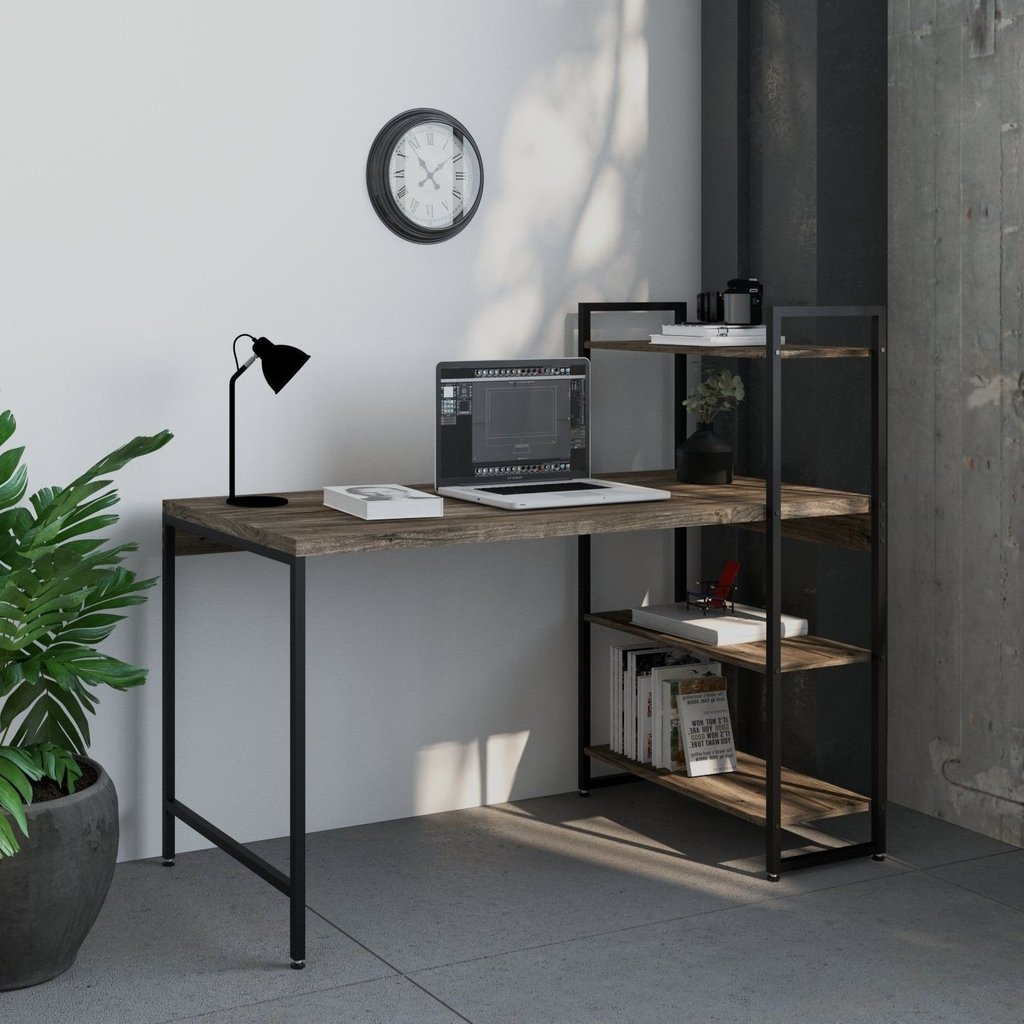 Escrivaninha Mesa Escritório com Estante Estilo Active 3 Prateleiras 135cm Industrial Yescasa Carvalho Dark Marrom