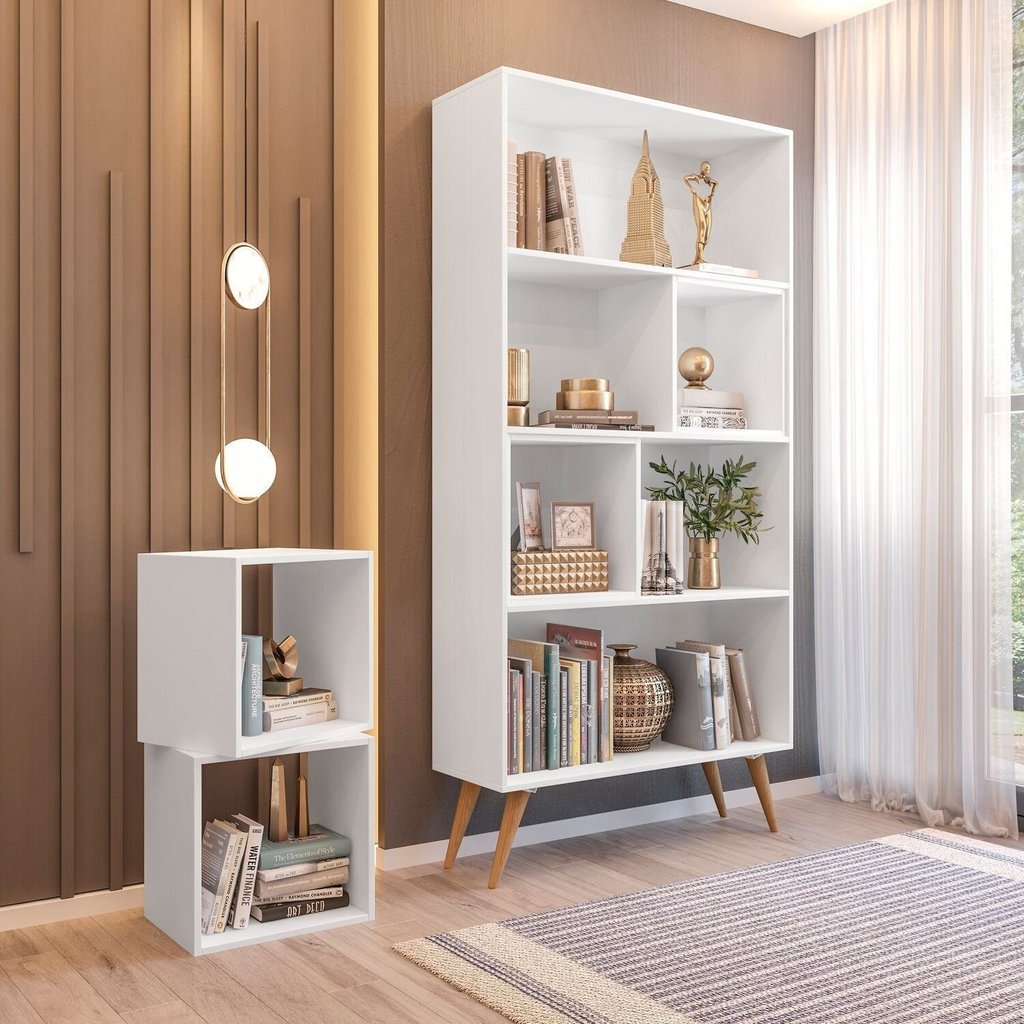 Estante de Livros Retrô 90CMX180CM Pés em Madeira Maciça 4 Nichos Removíveis Atlas Yescasa Branco Branco