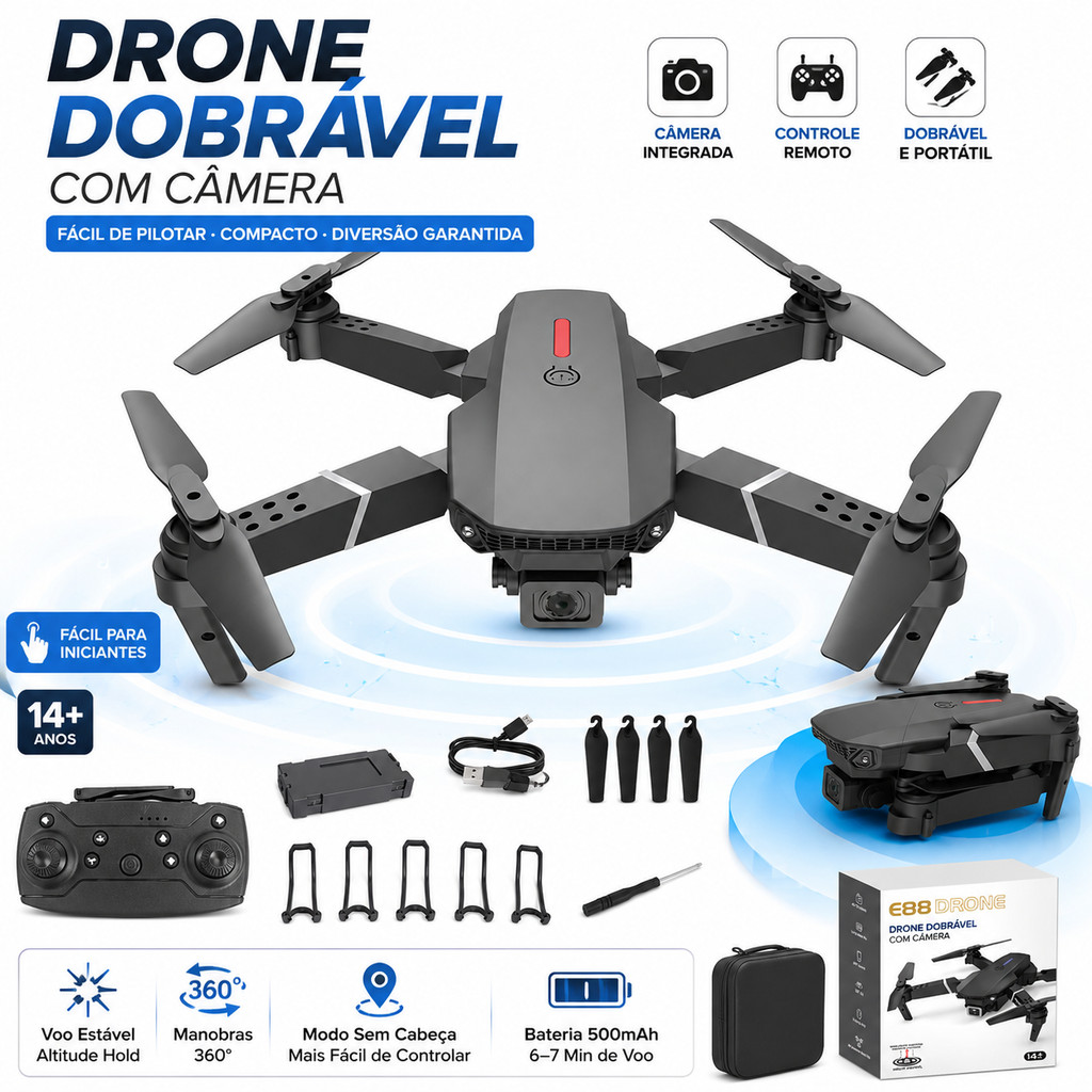 Drone E88 Dobrável com Câmera HD WiFi Controle Remoto para Fotos e Vídeos Aéreos
