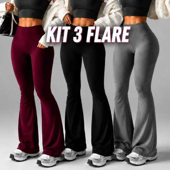 KIT 3 Calças Legging FLARE Bailarina Boca de Sino Grossa Fitness Academia Zero Transparência