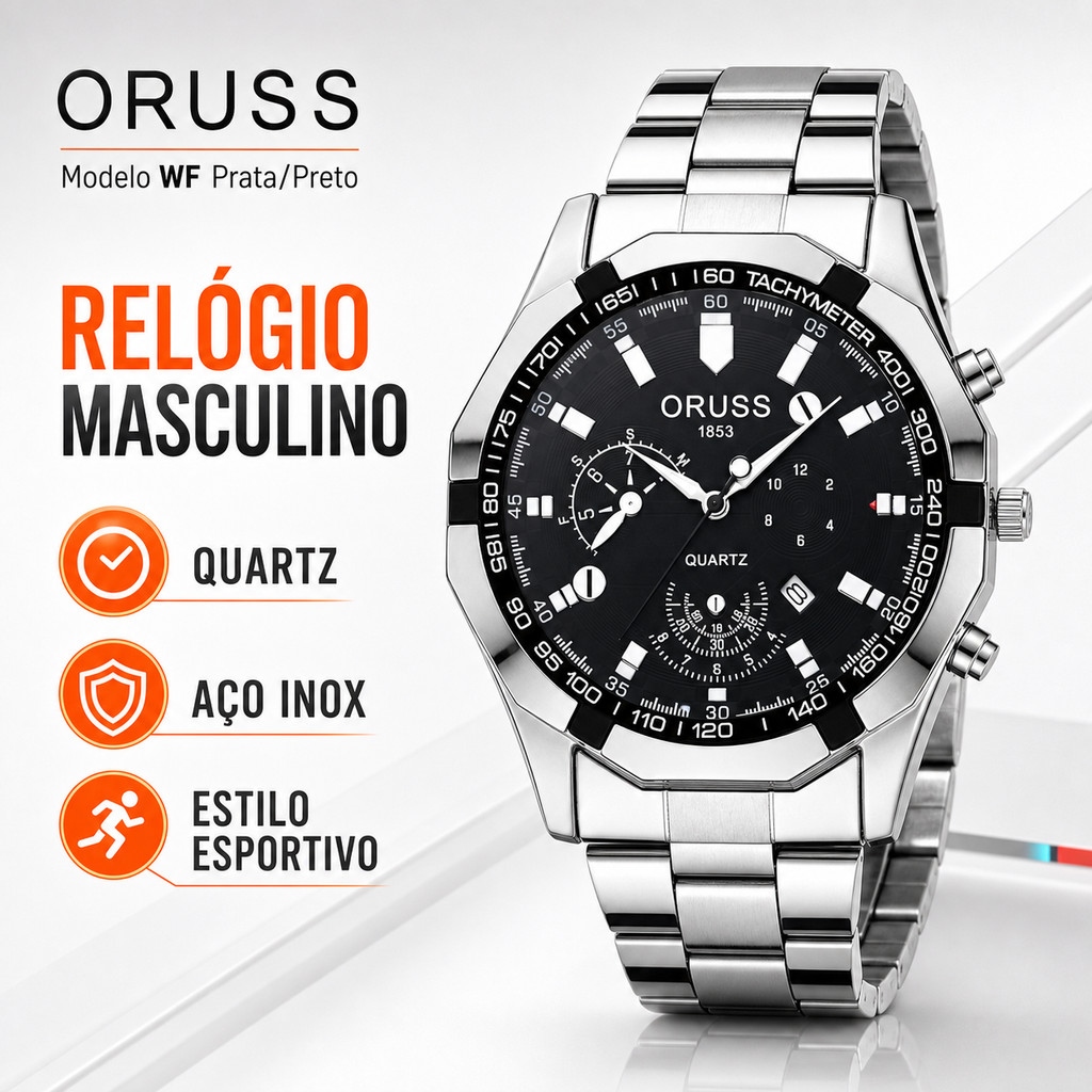 ORUSS WF Relógio Masculino Elegante Pulseira de Aço Inoxidável Preto Mostrador Grande 46mm