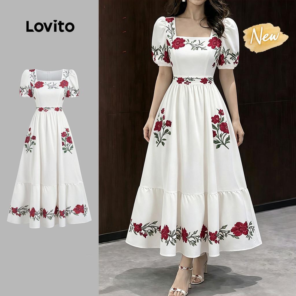 (New Arrival) Lovito Vestido Casual com Babado No Hem e Estrutura de Linhas Zípe