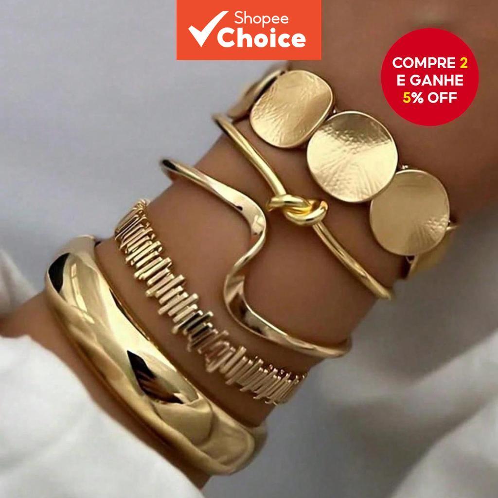 Conjunto De Pulseira Larga De Metal Dourado Com Design Geométrico Vintage , 5 Peças , Acessórios De Joias Punk