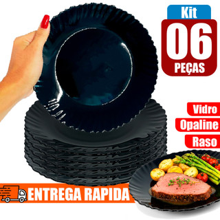 Jogo 6 Pratos Rasos 24cm Vidro Opaline Preto Trabalhado Black para Almoço Jantar Hotel Restaurante