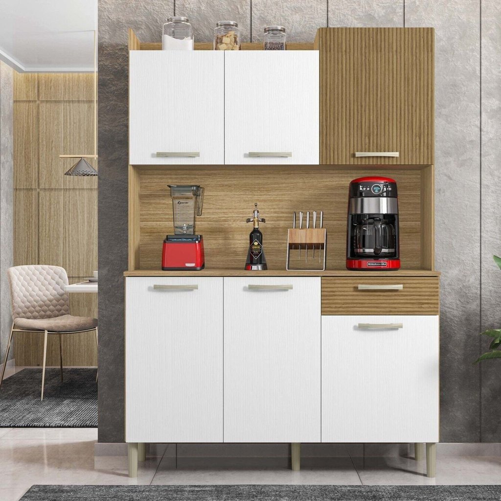 Armário de Cozinha 6 Portas 1 Gaveta Kit Gênova Branco/Freijó/Supremo/Cp- Ripado Freijó/Supremo/ CP- Ripado Freijó