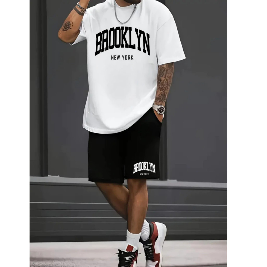 Kit Camisa e Short Tactel Masculino Brooklyn Moderno Casual Estiloso Tendencia Confortavel Verão