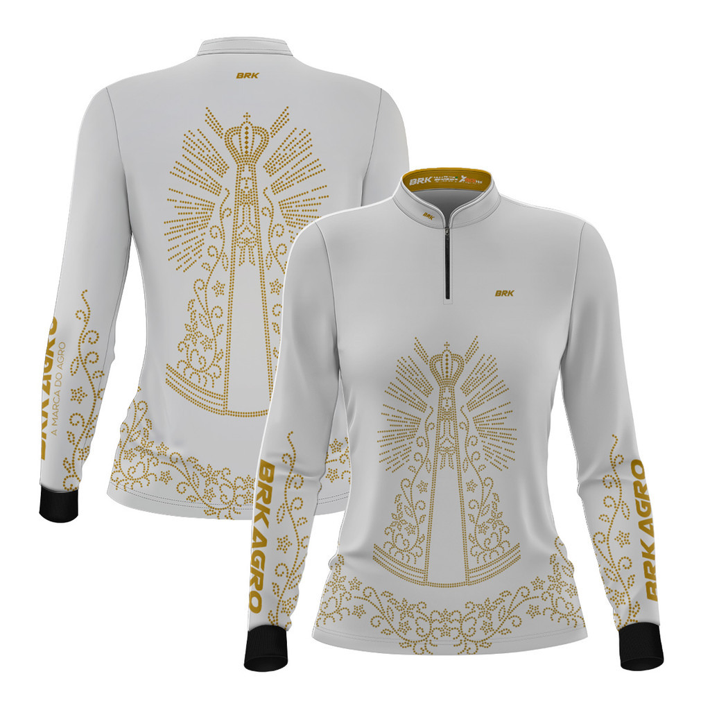 Camisa Country Feminina Agro Brk Nossa Senhora Strass Branca com Proteção Solar Uv50