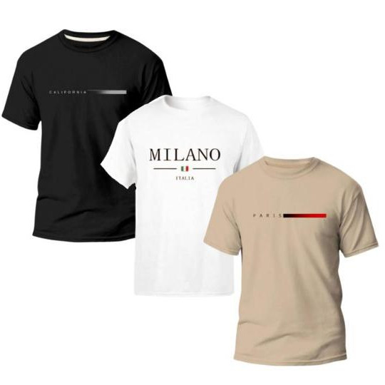 Kit 3 Camiseta Camisa Masculina Paris Milano Style Minimalista 100% Algodão Lançamento Promoção