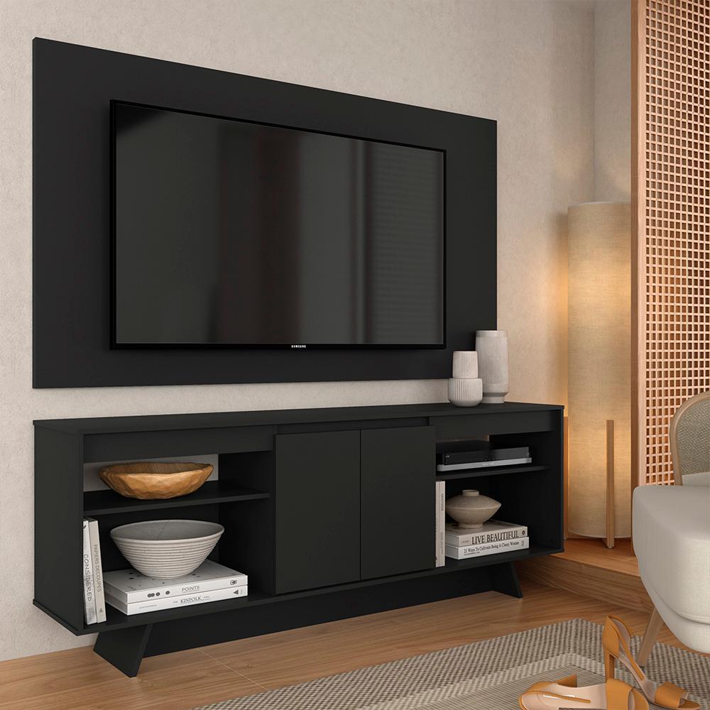 Rack Com Painel Tulum 1,60m 55 Polegadas Preto - Móveis Arapongas