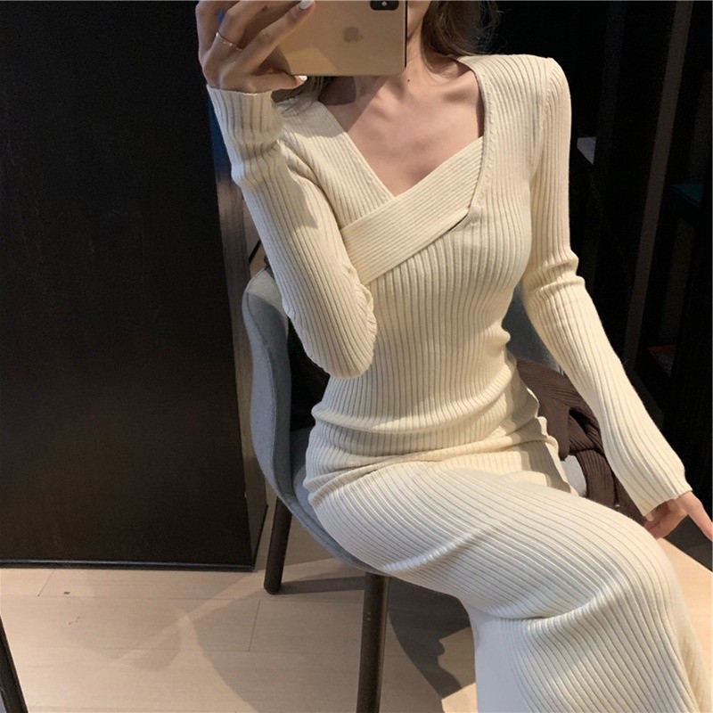 Irregular de malha vestido de manga comprida feminino outono 2026 novo estilo versão coreana elegante saia de cintura es