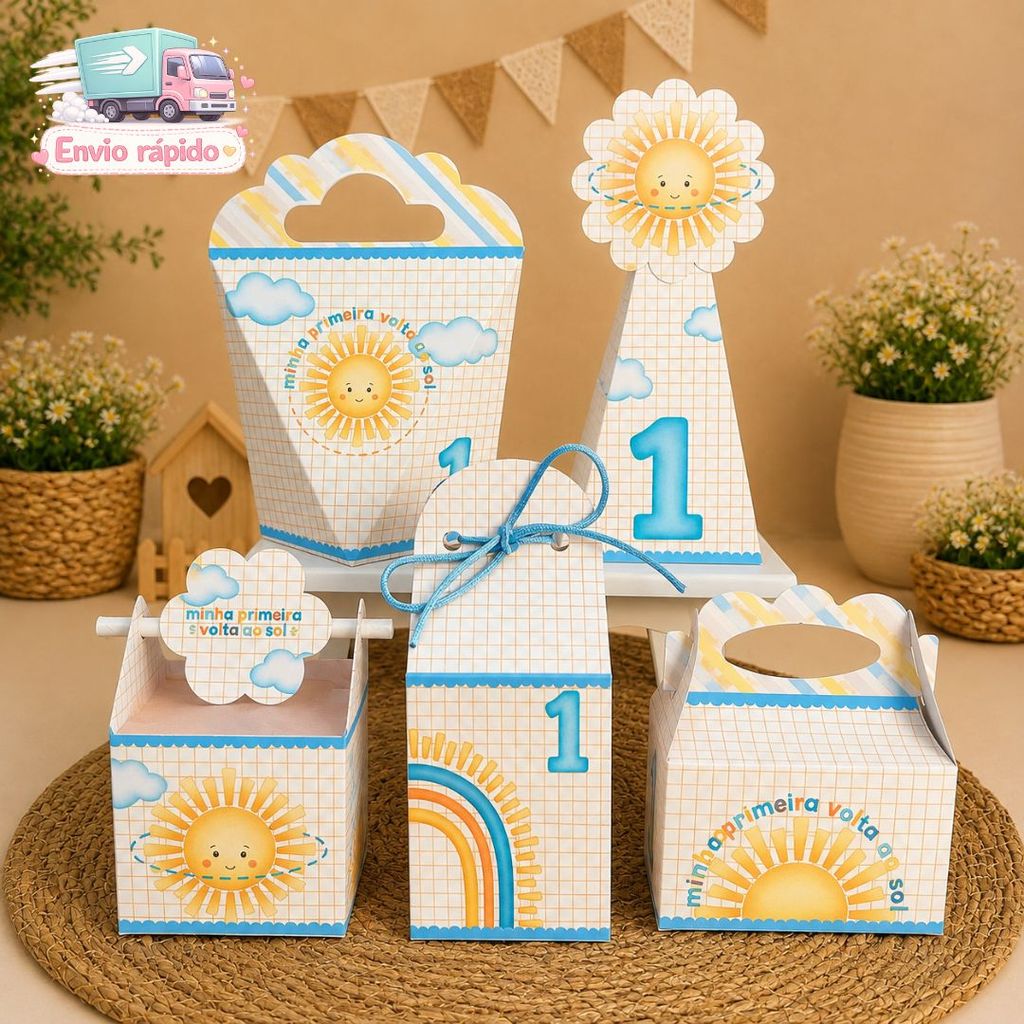 Kit Caixinhas MINHA PRIMEIRA VOLTA AO SOL MENINO  Lembrancinha Para Festa decoração aniversário- pegue e monte