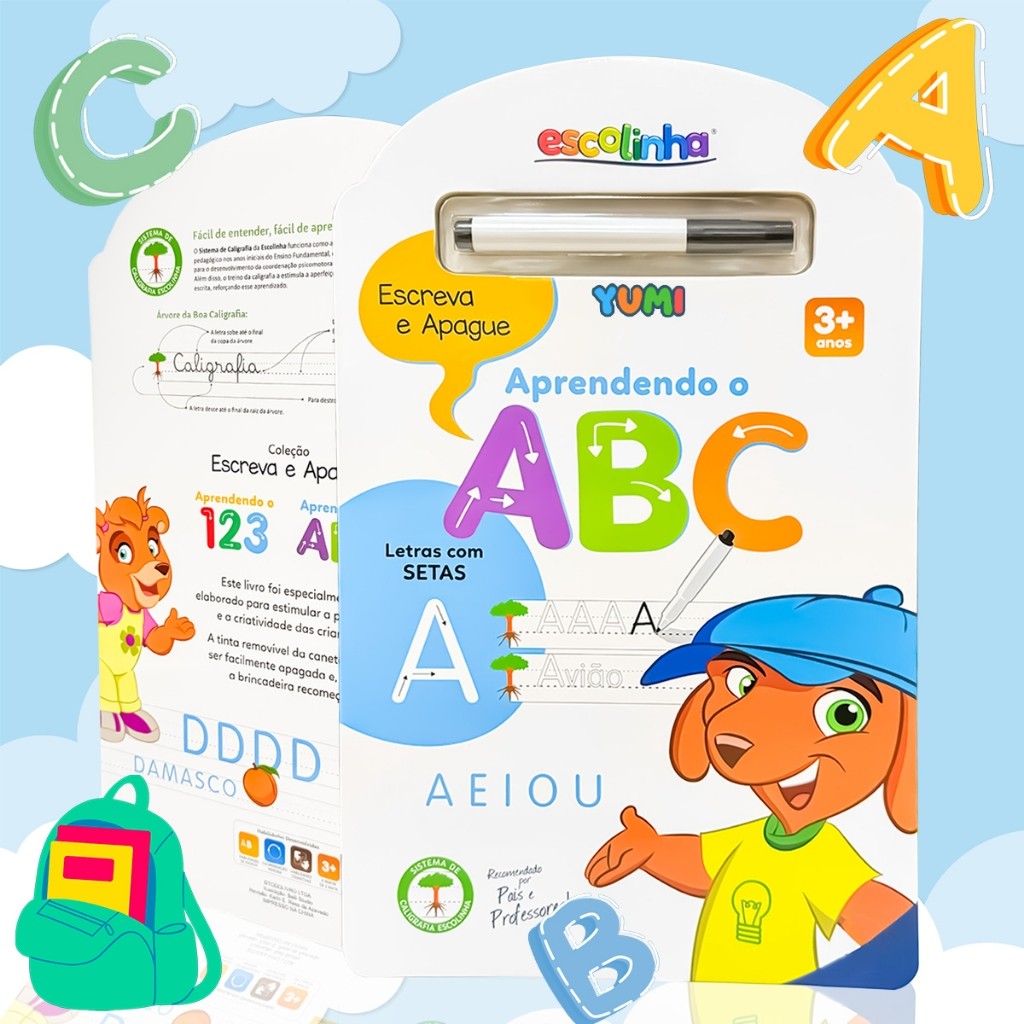 Livro Infantil Magico C/ Caneta Apagável - Aprendendo o ABC Caligrafia Alfabetização Edição Premium
