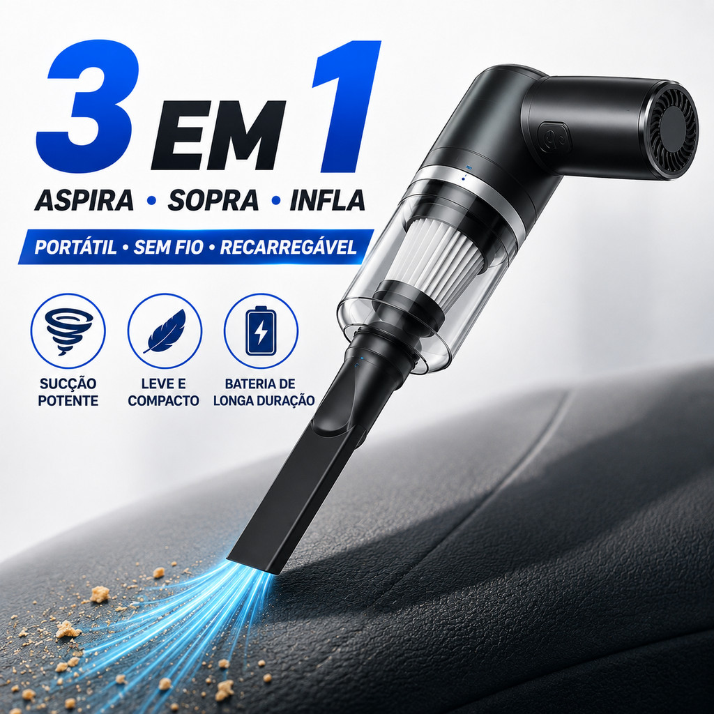 Aspirador de Pó Portátil 3 em 1 USB Recarregável sem Fio para Carro, Casa e Teclado