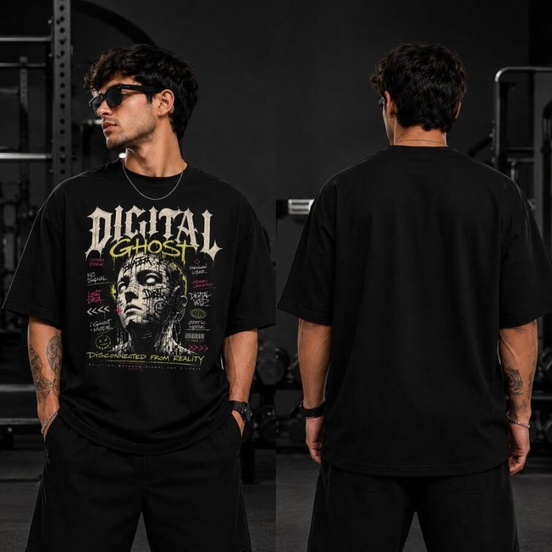 Camiseta Masculina Oversized Digital Ghost Estampada Algodão Premium Manga Padrão Streetwear Casual Confortável Unissex