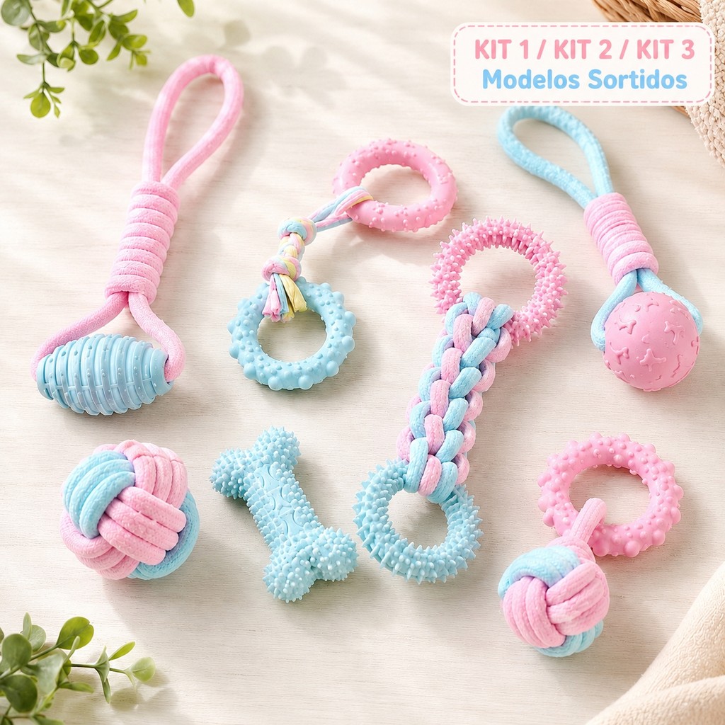 Brinquedo Mordedor para Cães com Corda Bola Anel Borracha Cores Pastel Modelo Sortido Filhotes
