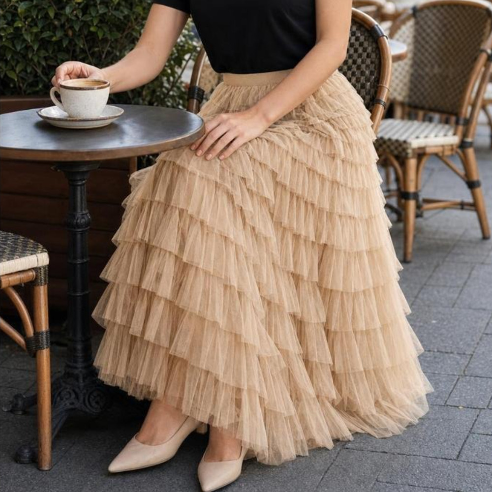 Saia Longa Feminina de Tule em Camadas – Cintura Alta com elastico com Babados para Festas, Casamentos e Looks Casuais