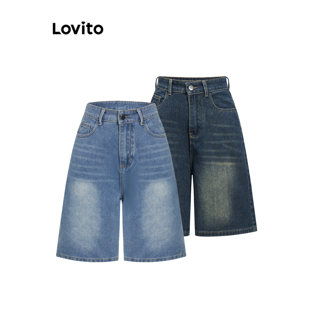 Lovito Casual Short Jeans Com Bolso Liso Para Mulheres L93AD053 (Multicolorido)