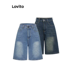 Lovito Casual Short Jeans Com Bolso Liso Para Mulheres L93AD053 (Multicolorido)