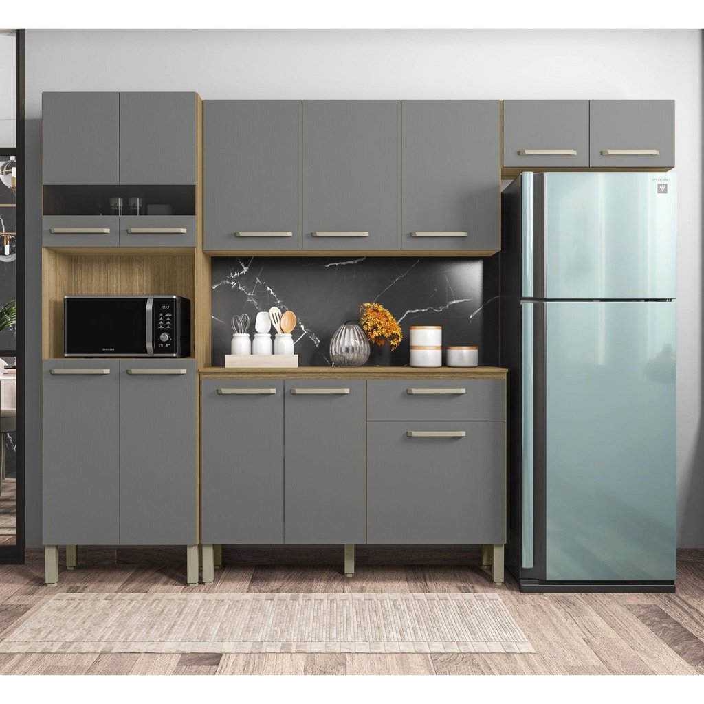 Cozinha Compacta 4 Peças Balcão 120cm com Tampo Versalhes Freijó/Gris Freijó/Gris